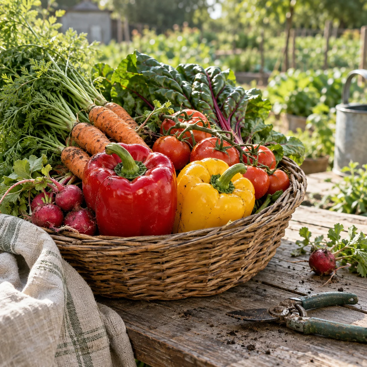 Korb mit frisch geernteten Paprika, Tomaten, Karotten und Radieschen auf einem Gartentisch