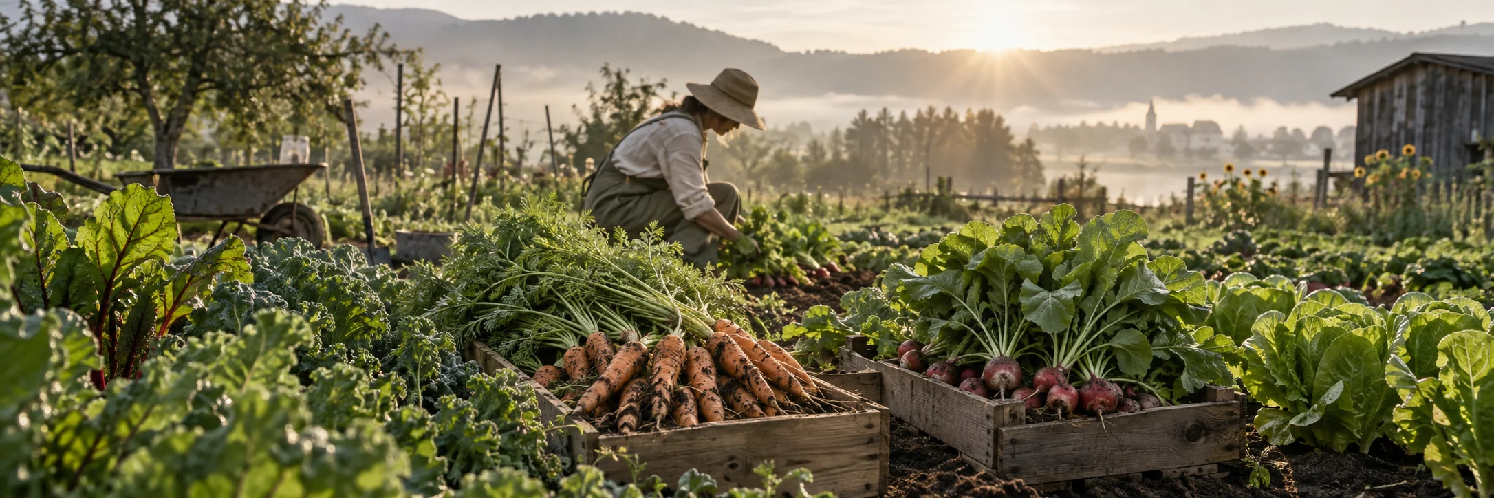Gemüseernte im Morgenlicht mit Karotten und Radieschen in Holzkisten und einer Person bei der Gartenarbeit